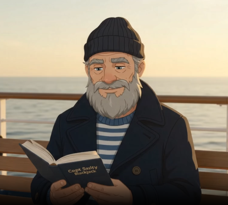Captain Salty, the ship's mascot, reading a book on deck